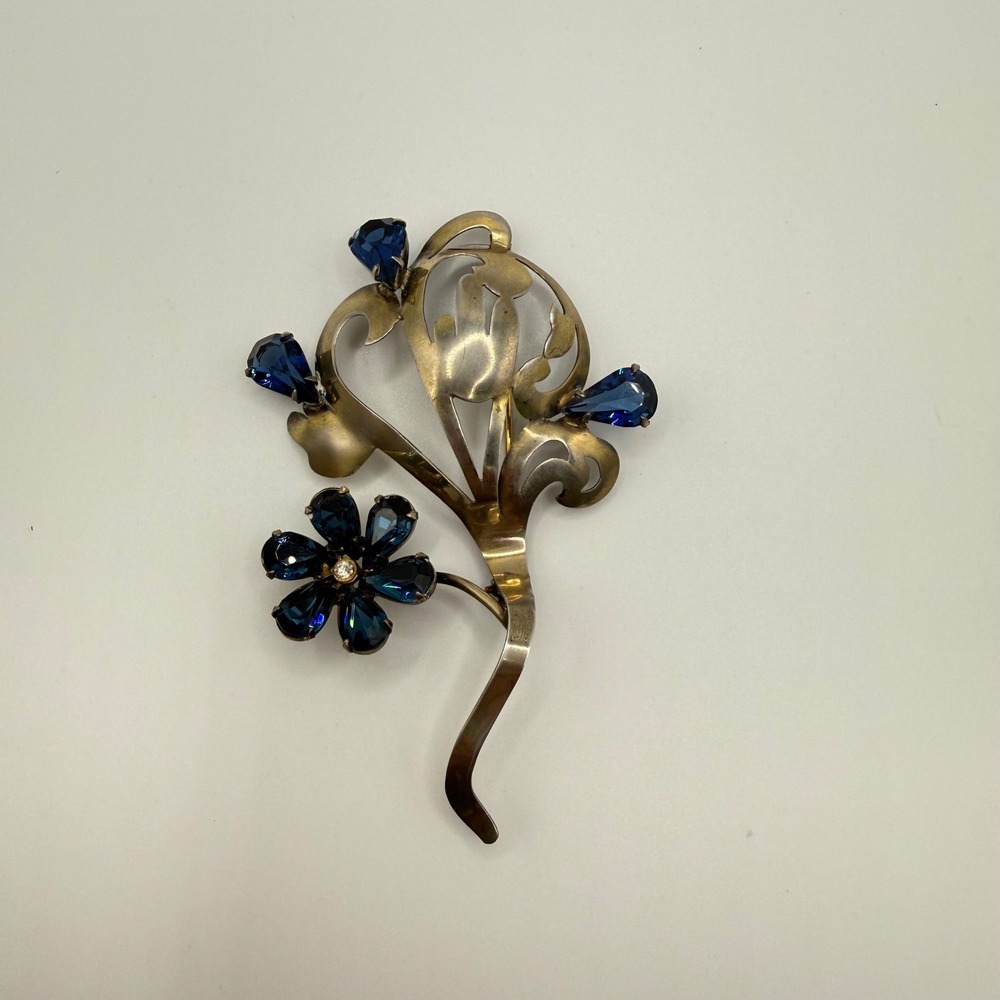 Vintage Sterling Silver Blue Crystal Floral Art Nouveau Brooch Pin
